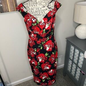 637 Premier amour Black and Red Floral Midi Dress size 6